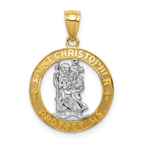 14k Yellow Gold & White Rhodium Plated St Christopher Pendant 16mm